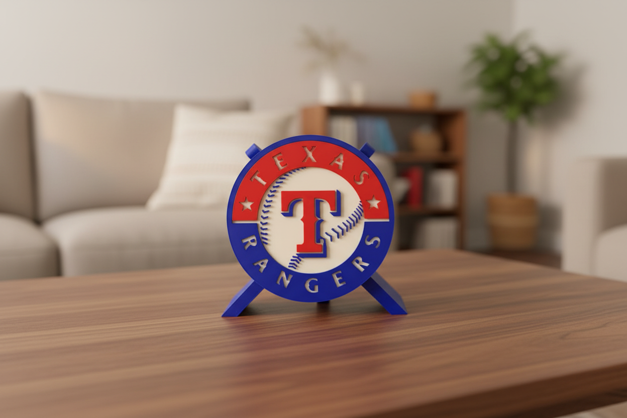 Texas Rangers 3D printed logo decorative plaque with built-in stand on desk display
