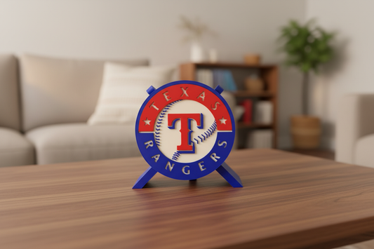 Texas Rangers 3D printed logo decorative plaque with built-in stand on desk display