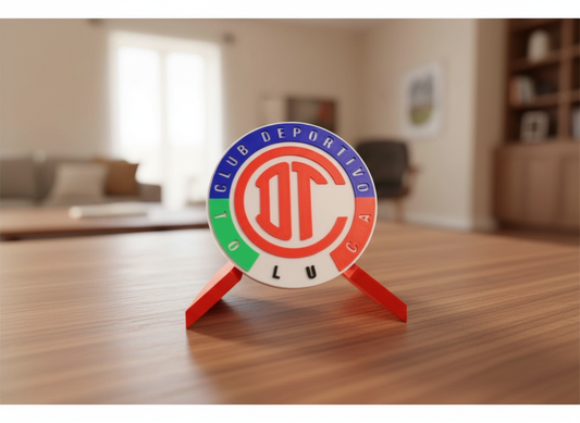Deportivo Toluca 3D printed decorative plaque featuring red and white team crest with desk stand