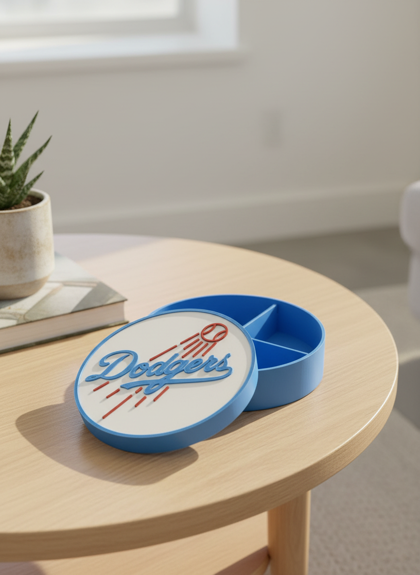 LA Dodgers 3D decorative box (open, divided 3-compartment interior, no stand) on an off-white side table — bright minimalist mood