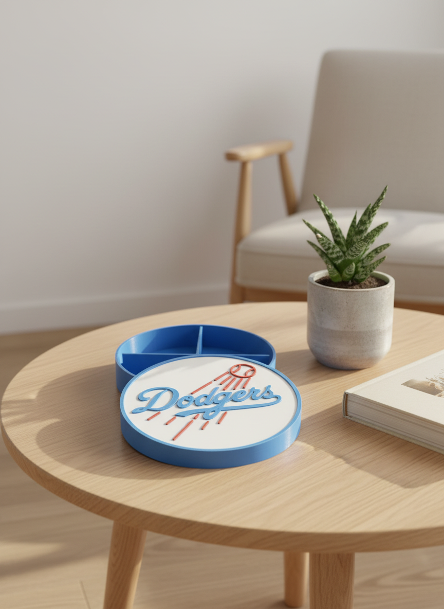 LA Dodgers 3D decorative box (open, divided 3-compartment interior, no stand) on a light-oak round coffee table — minimalist living room