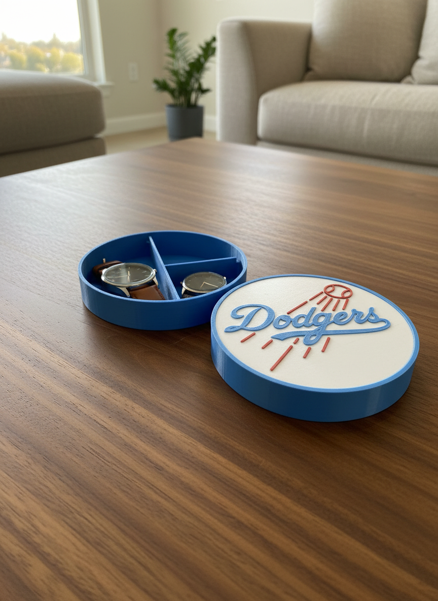 LA Dodgers 3D decorative box (open, divided 3-compartment interior, no stand) on a walnut coffee table with watch and leather strap inside