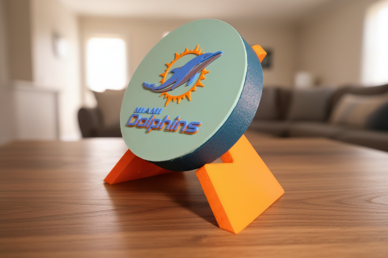 3D printed Miami Dolphins logo decorative display piece in aqua orange and navy colors on desk stand