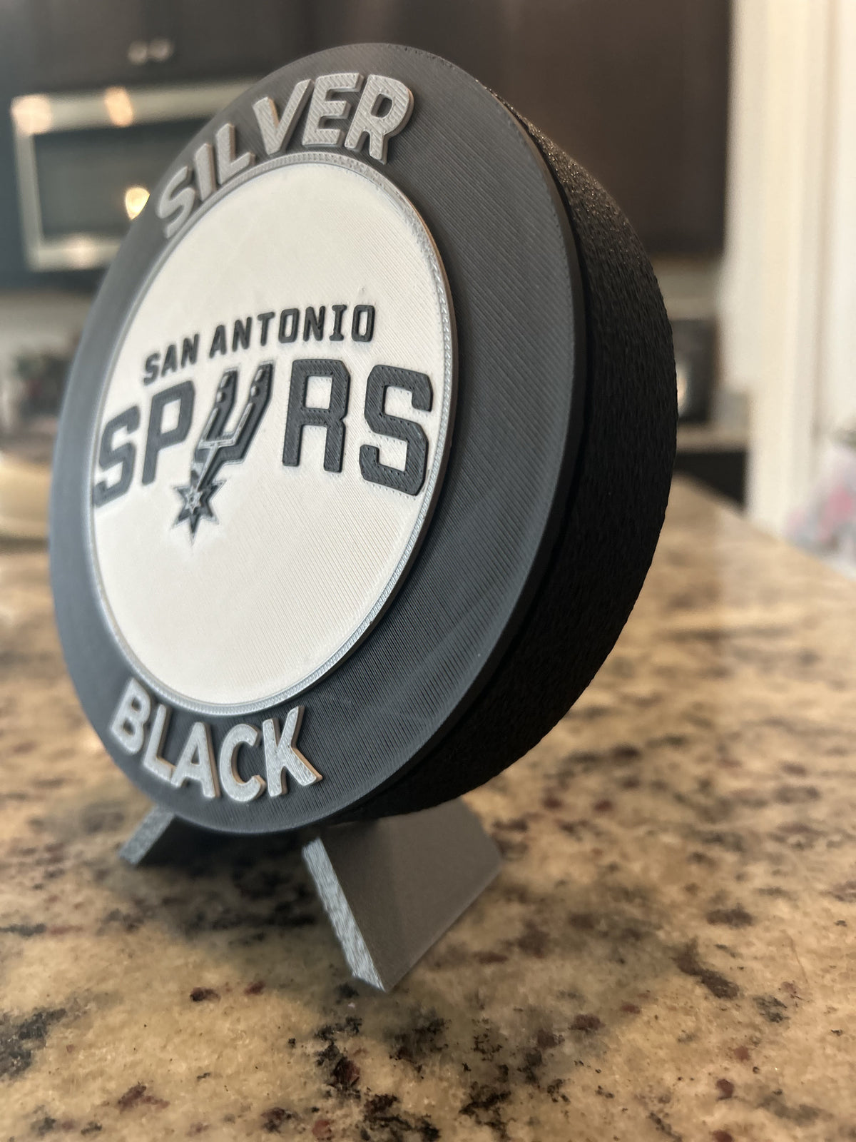 San Antonio Spurs 3D printed roundel and crest display with stand and hidden stash box, personalized NBA basketball fan gift, made in USA