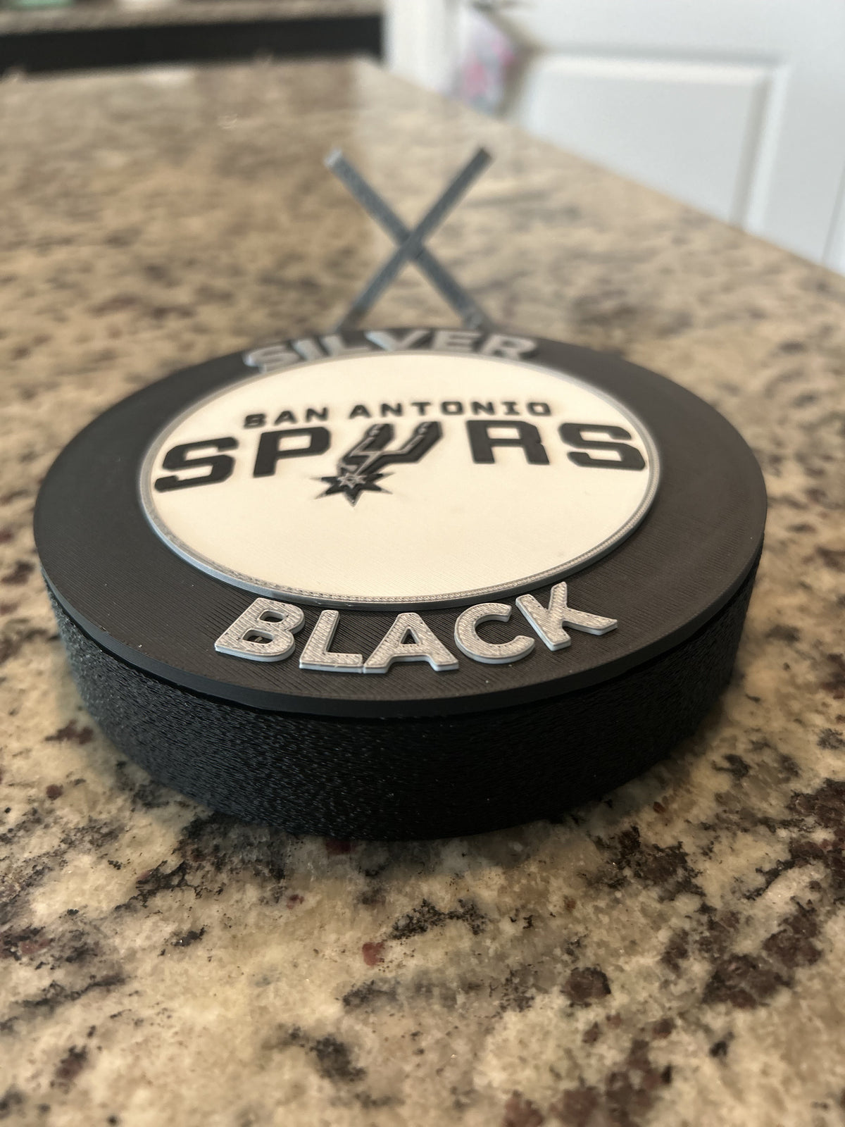 San Antonio Spurs 3D printed roundel and crest display with stand and hidden stash box, personalized NBA basketball fan gift, made in USA