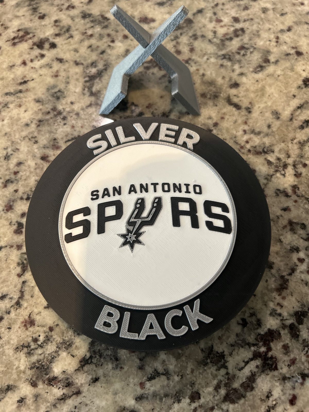 San Antonio Spurs 3D printed roundel and crest display with stand and hidden stash box, personalized NBA basketball fan gift, made in USA