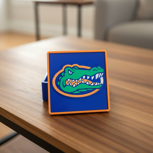 Florida Gators 3D printed desktop display plaque with gator head crest in blue orange green team colors