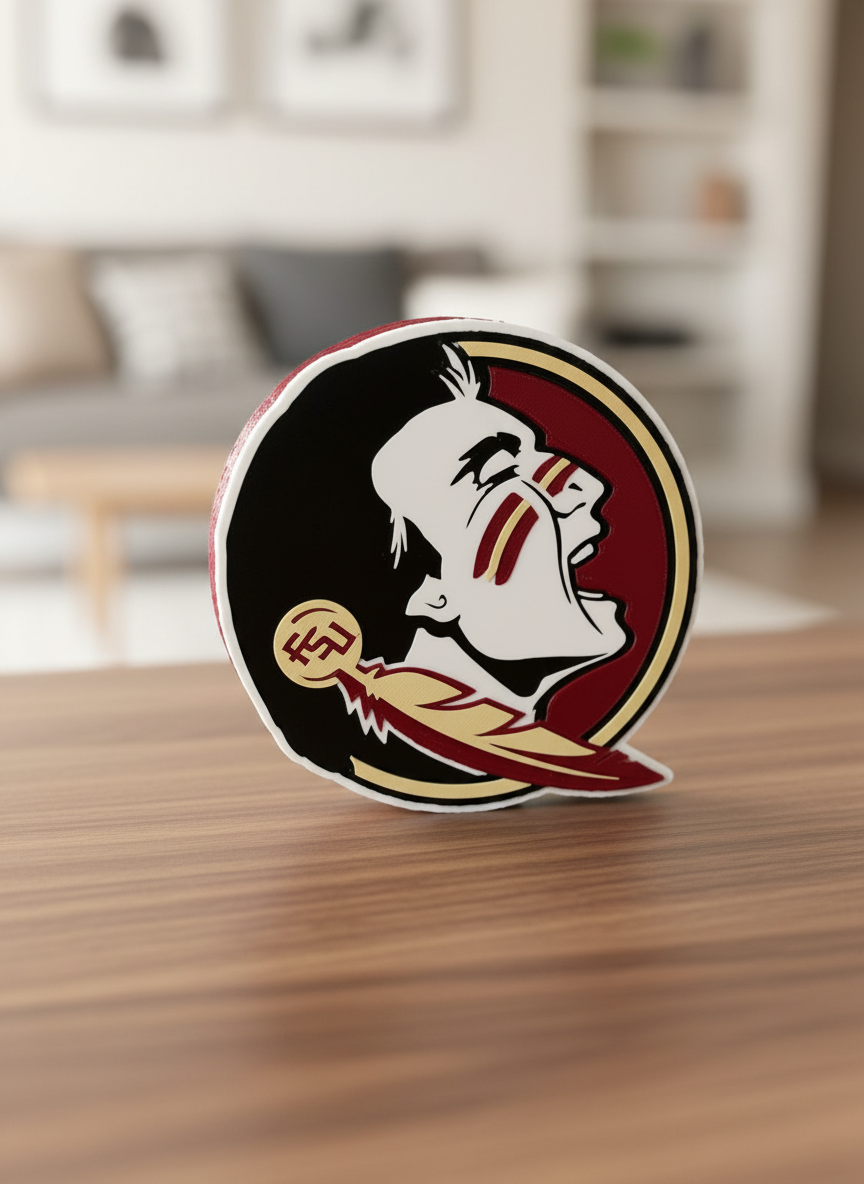 FSU Seminoles 3D printed logo display plaque in garnet gold and white with built-in desk stand