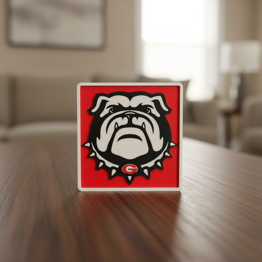 Georgia Bulldogs 3D printed display plaque with mascot crest in team inspired red black white colors