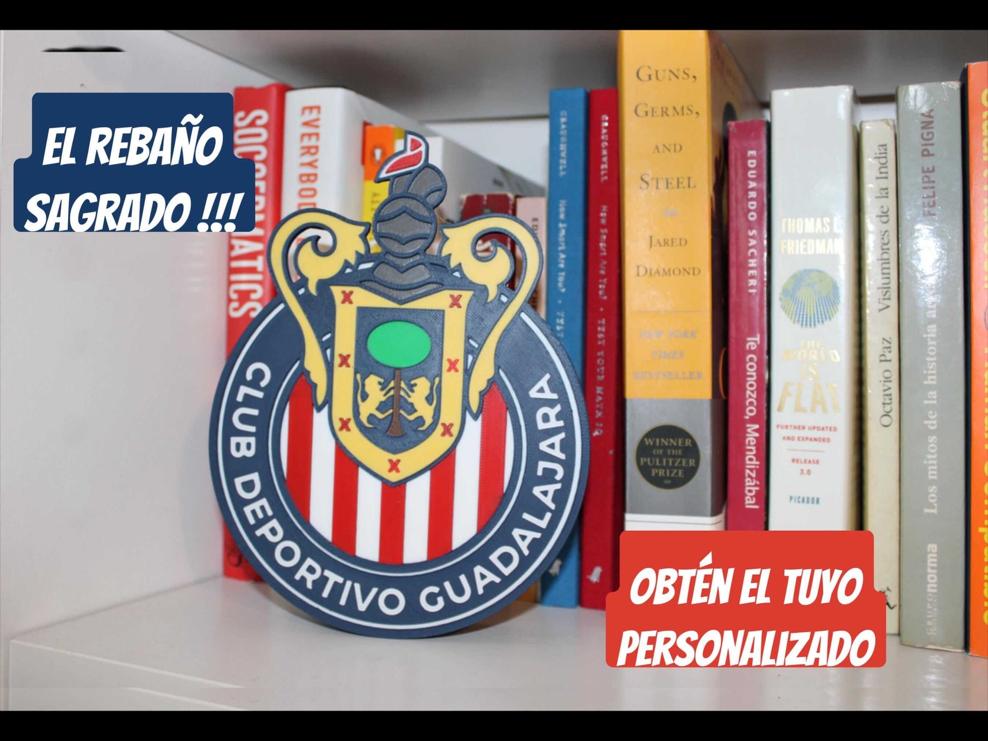 Colorful 3D plaque of Club Deportivo Guadalajara, customizable for proud fans, with vibrant design on a bookshelf.