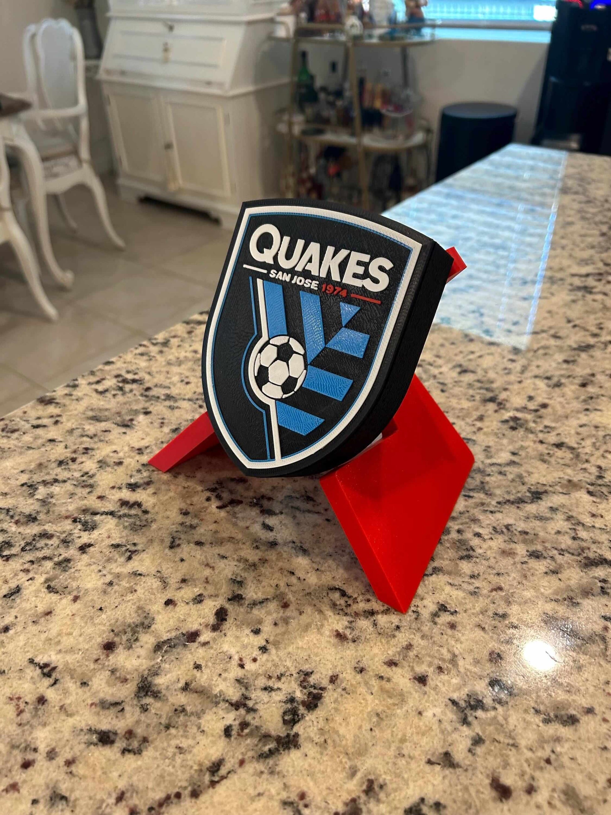 San Jose Earthquakes 3D printed plaque in vibrant colors on display, showcasing unique design and no assembly required.