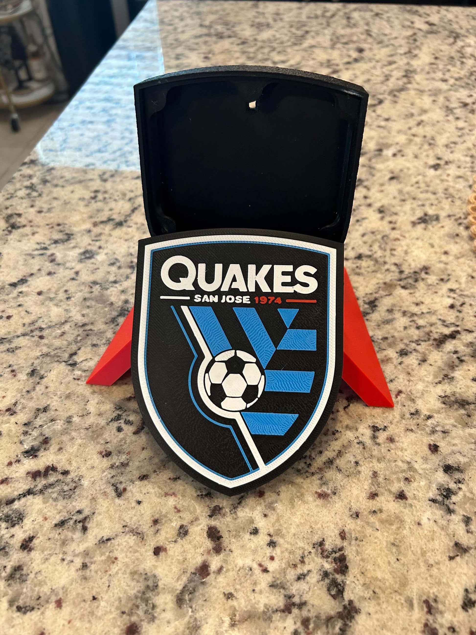 3D-printed San Jose Earthquakes plaque with vibrant colors and a soccer ball design, ideal for decor and team pride.