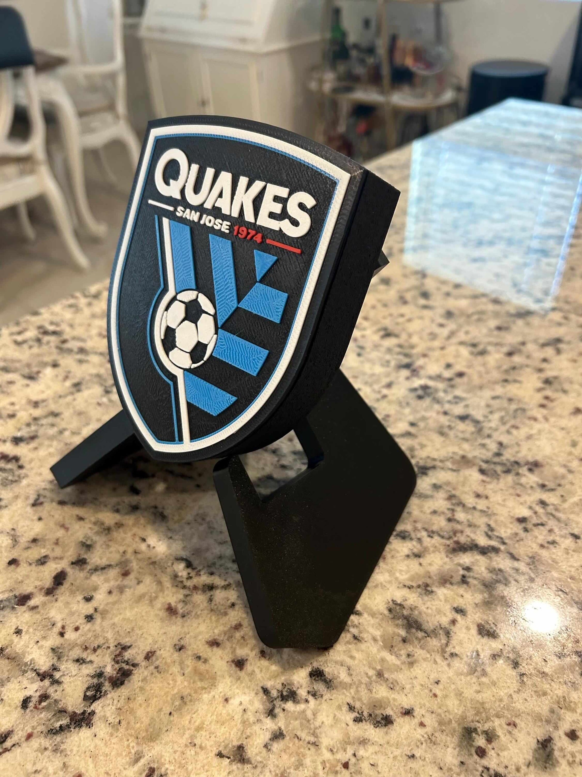 San Jose Earthquakes 3D printed plaque, vibrant colors, unique decoration for soccer fans.