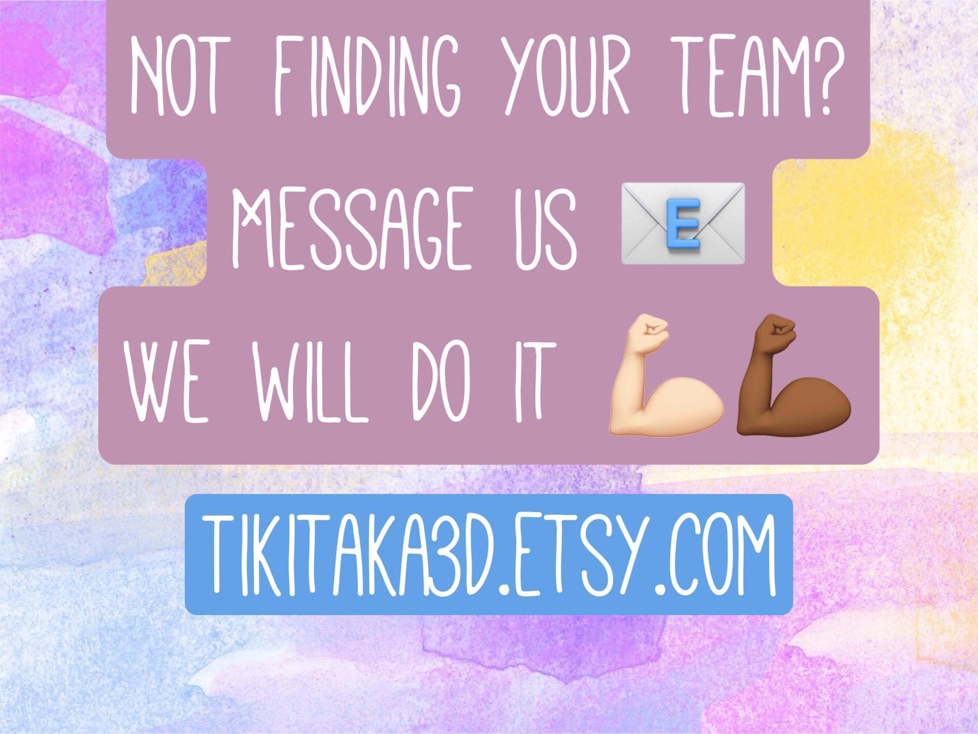 Image promoting custom team requests with contact details, vibrant background, and engaging text for sports enthusiasts.