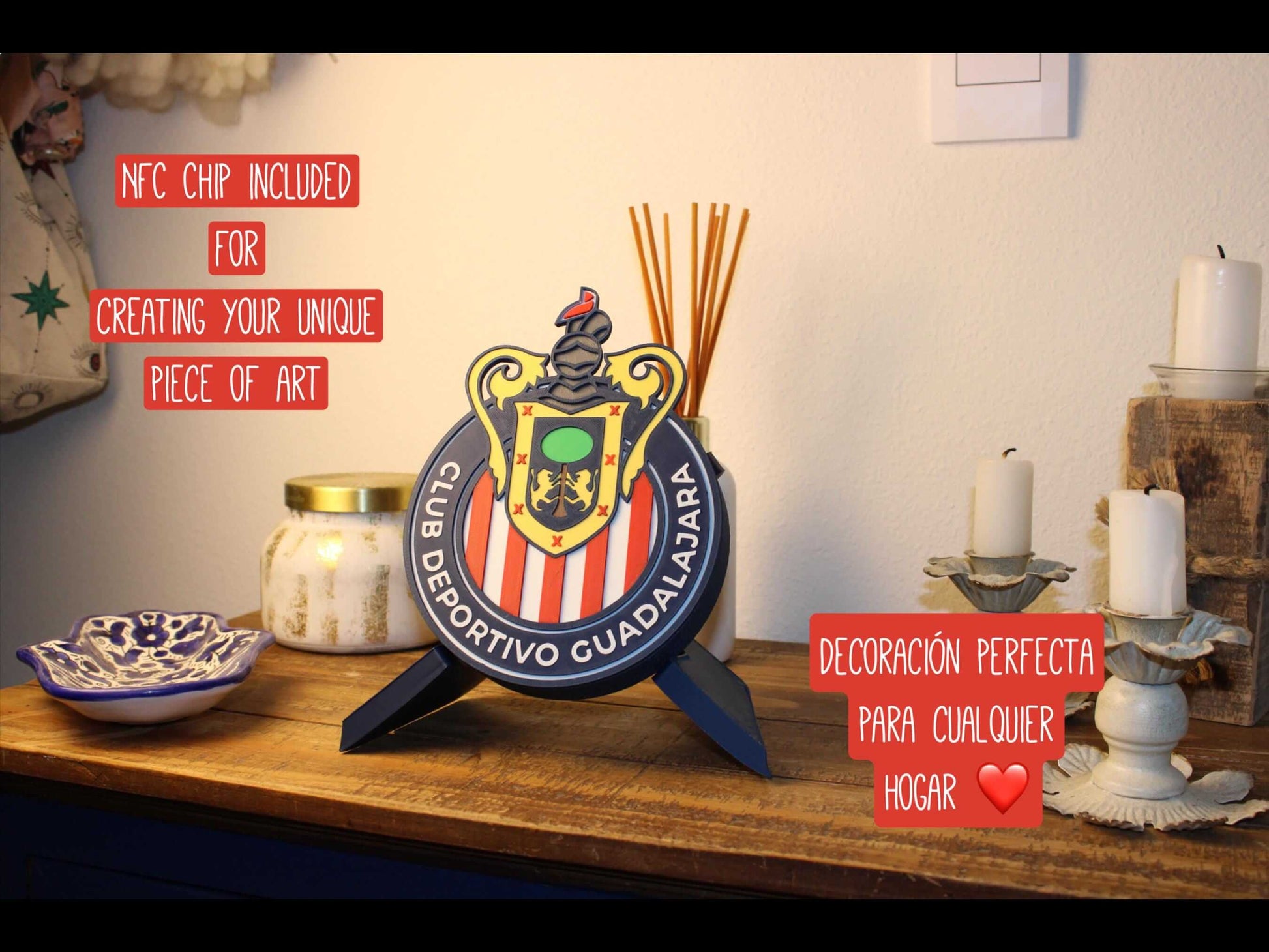 3D plaque of Club Deportivo Guadalajara with NFC chip, perfect home decor for Rojiblanco fans.