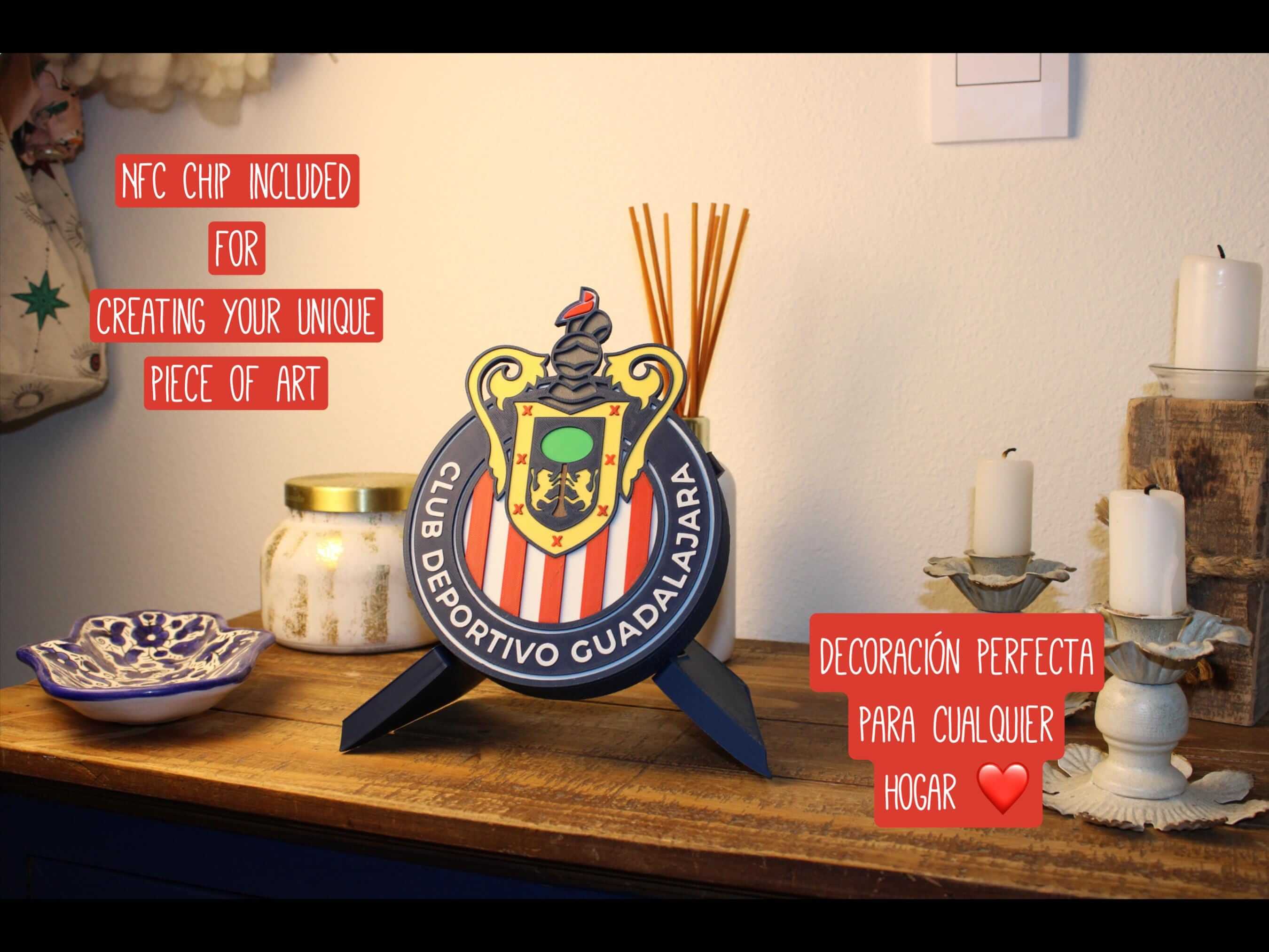 3D plaque of Club Deportivo Guadalajara with NFC chip, perfect home decor for Rojiblanco fans.