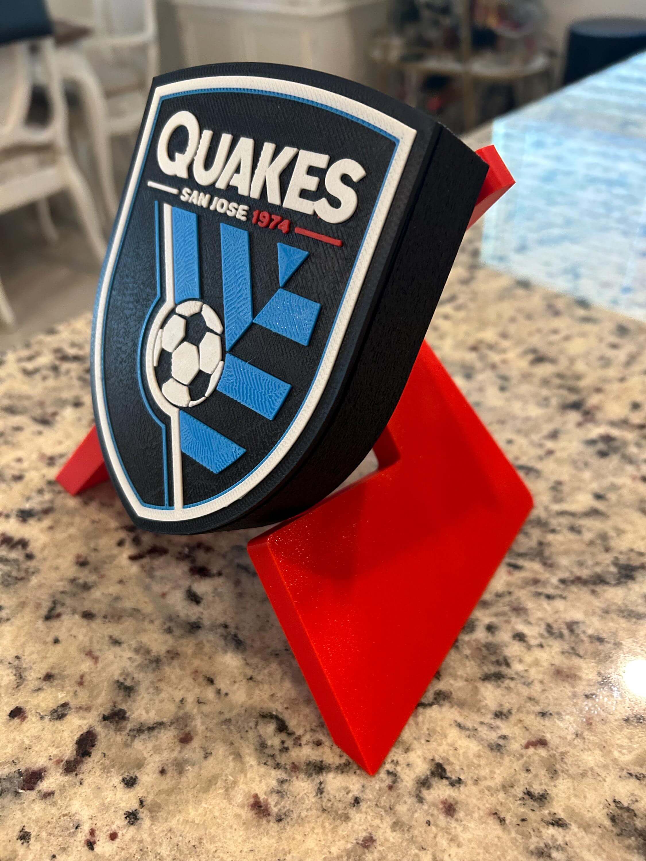 San Jose Earthquakes 3D printed plaque in vibrant colors, no assembly required, perfect for home decor and customizable.