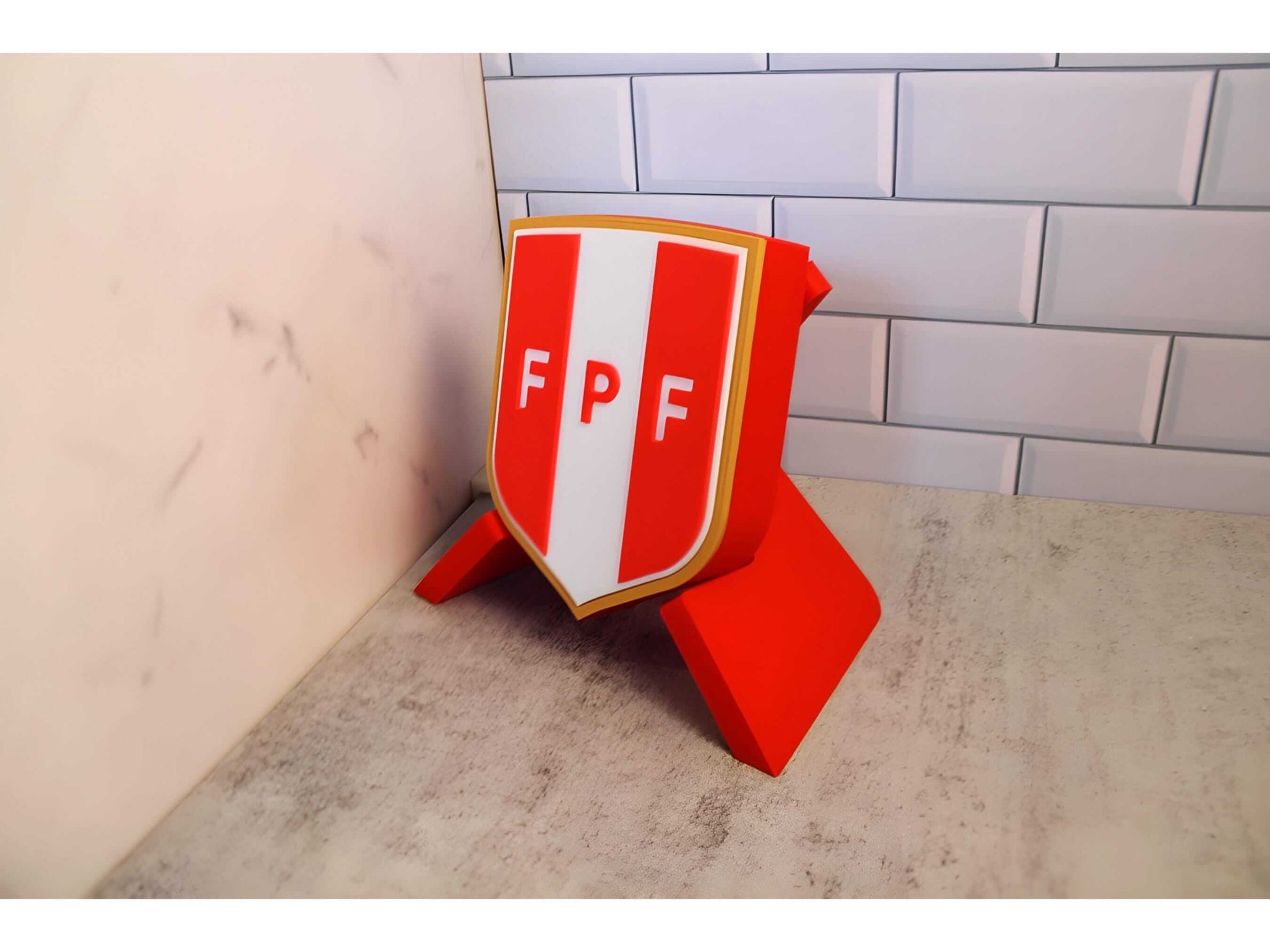 3D printed Peruvian Football Federation crest plaque in vibrant colors, showcasing high-quality materials and no assembly required.