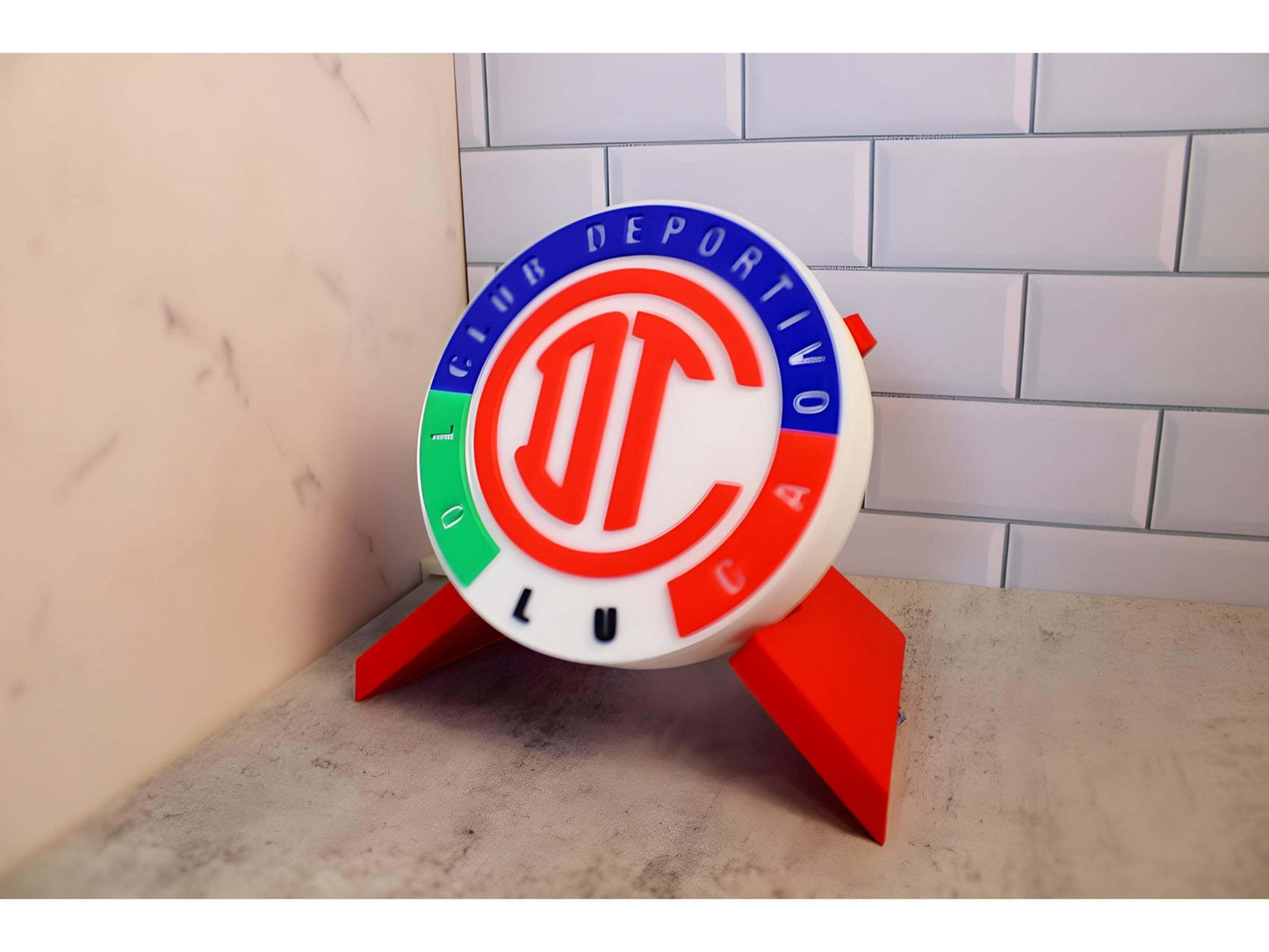 3D printed Toluca tribute plaque desk display with red crest and built in stand