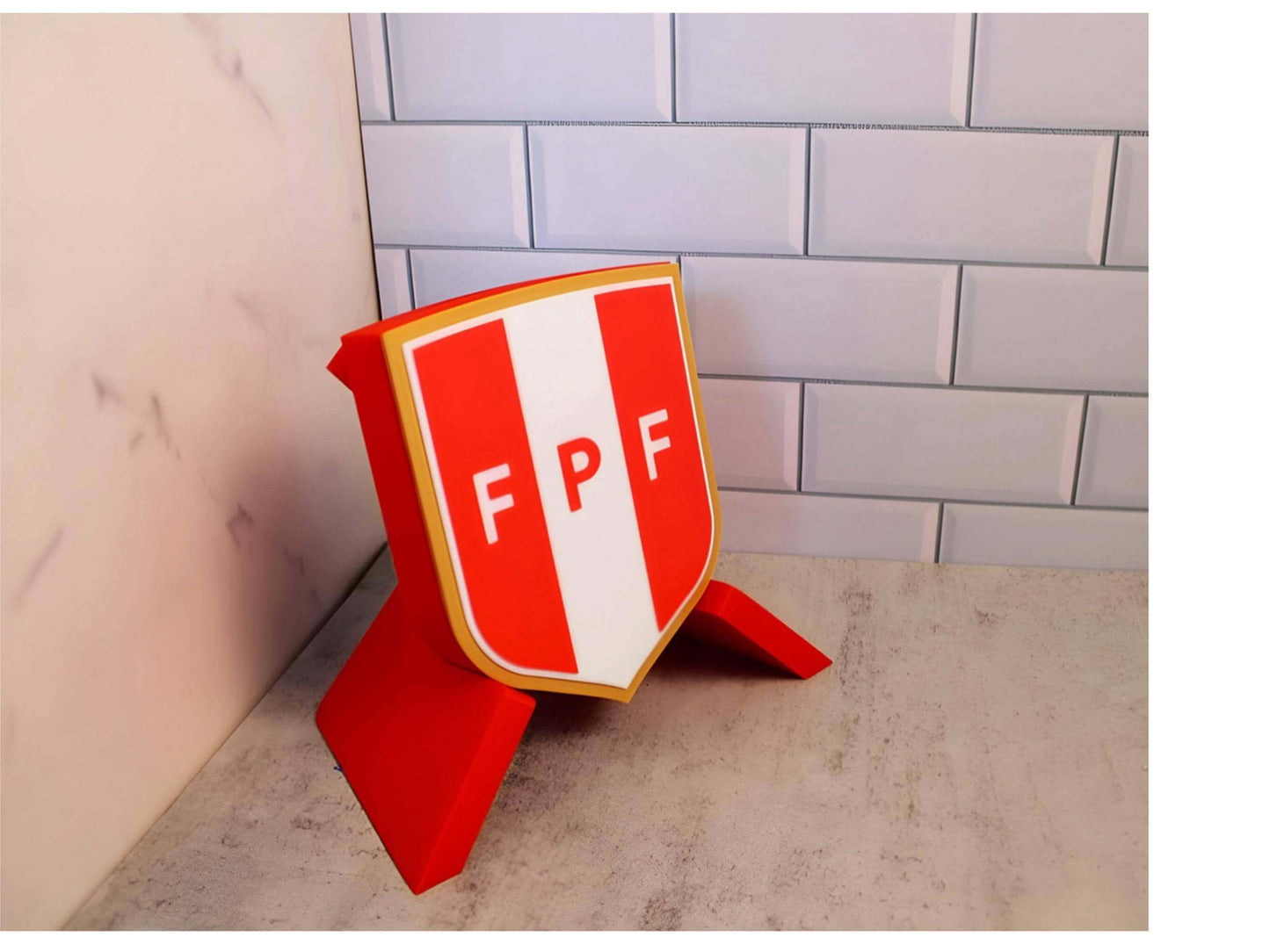 3D printed Peruvian national team crest decorative plaque in red and white on desk stand
