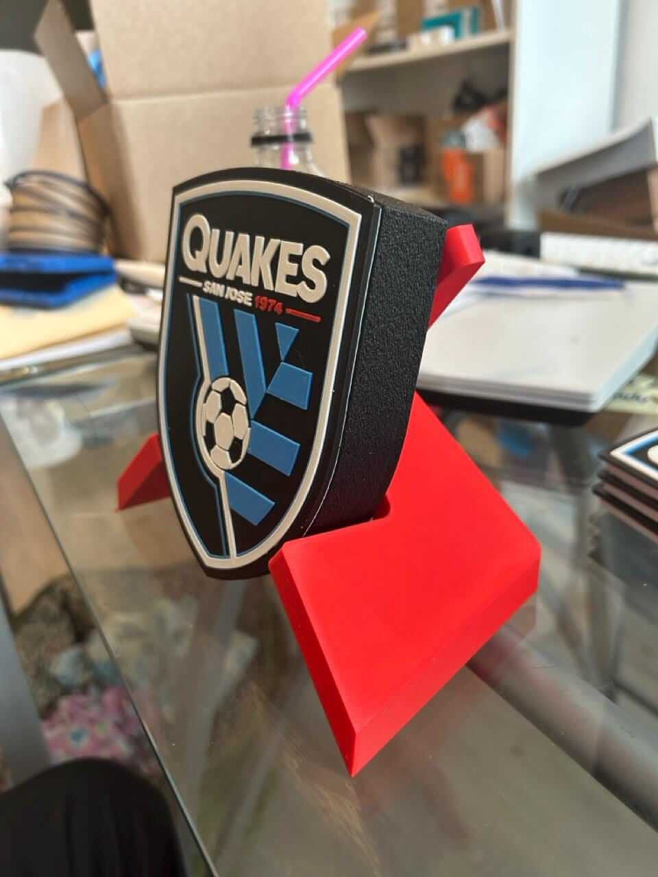 San Jose Earthquakes 3D printed plaque on a display, vibrant colors, no assembly required, customizable soccer decor.