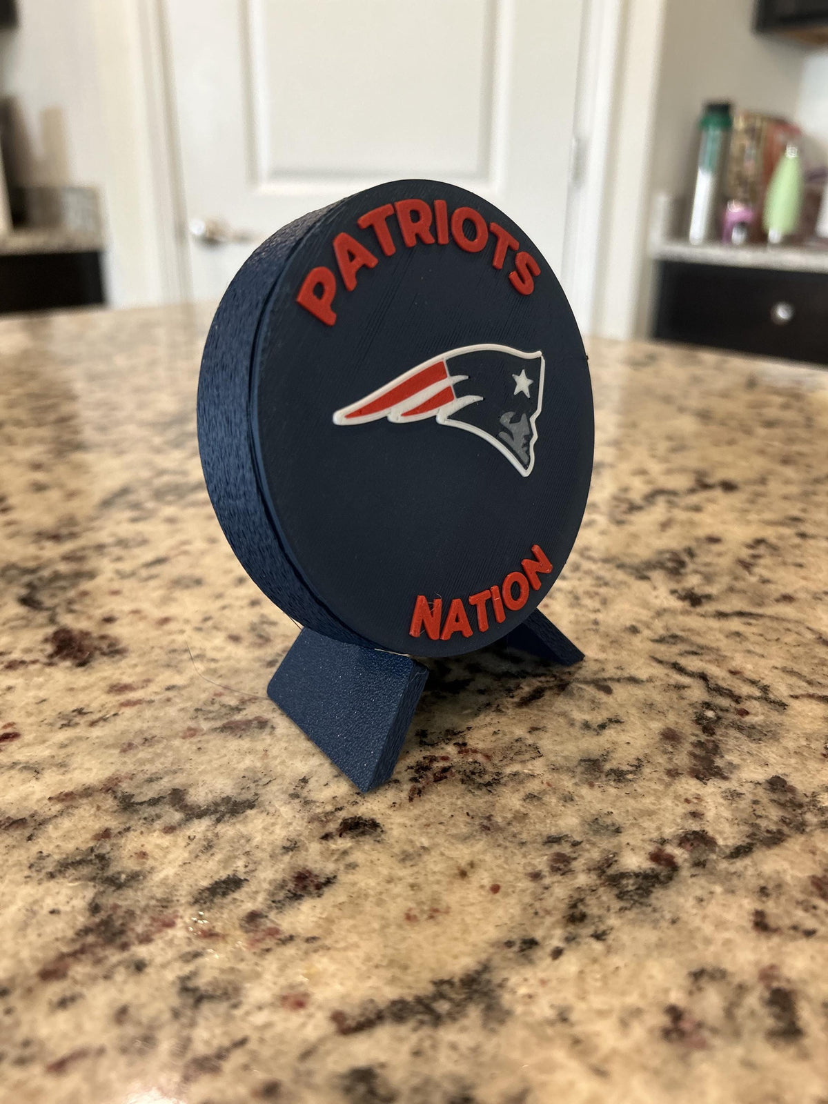 New England Patriots 3D printed display medallion with stand and hidden stash boxPatriots Nation fan gift, made in USA