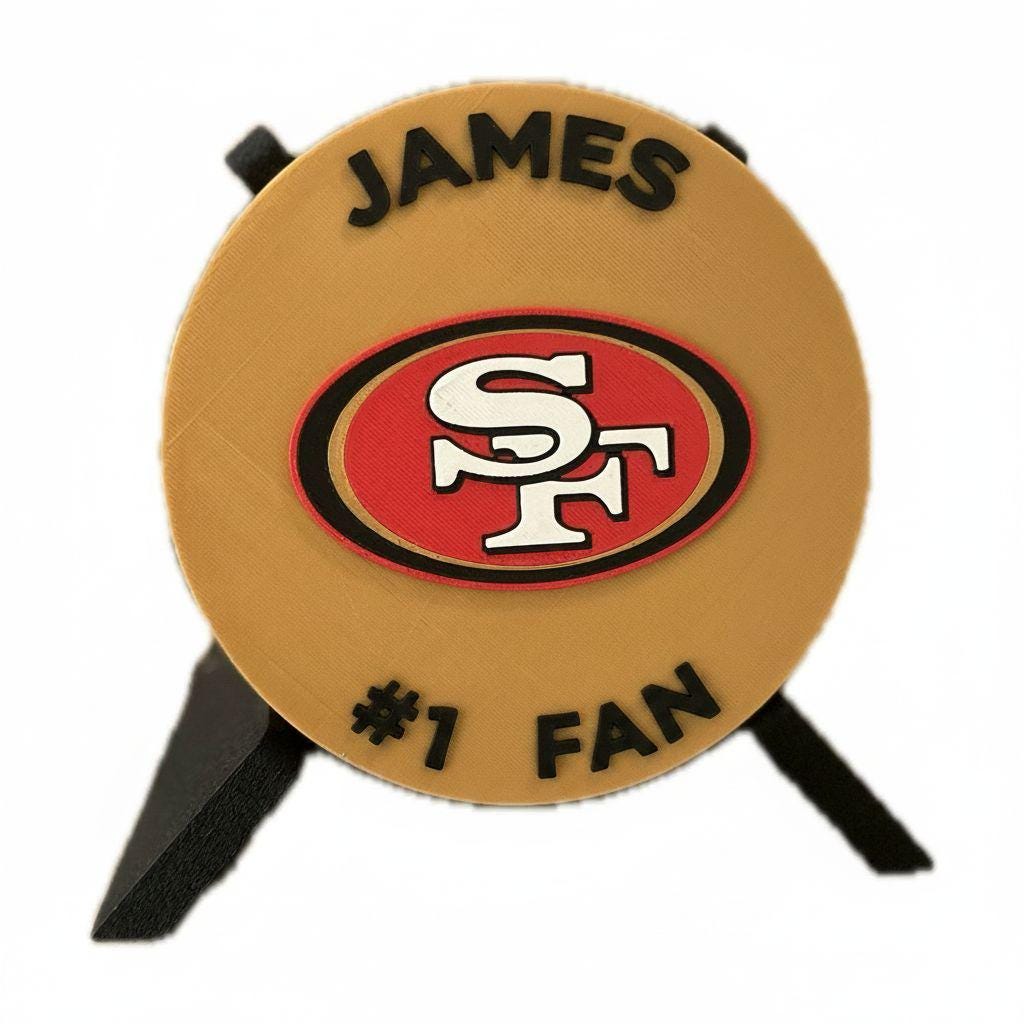 San Francisco 49ers 3D display personalization example, replace slogan with your name like James #1 Fan, up to 12 characters