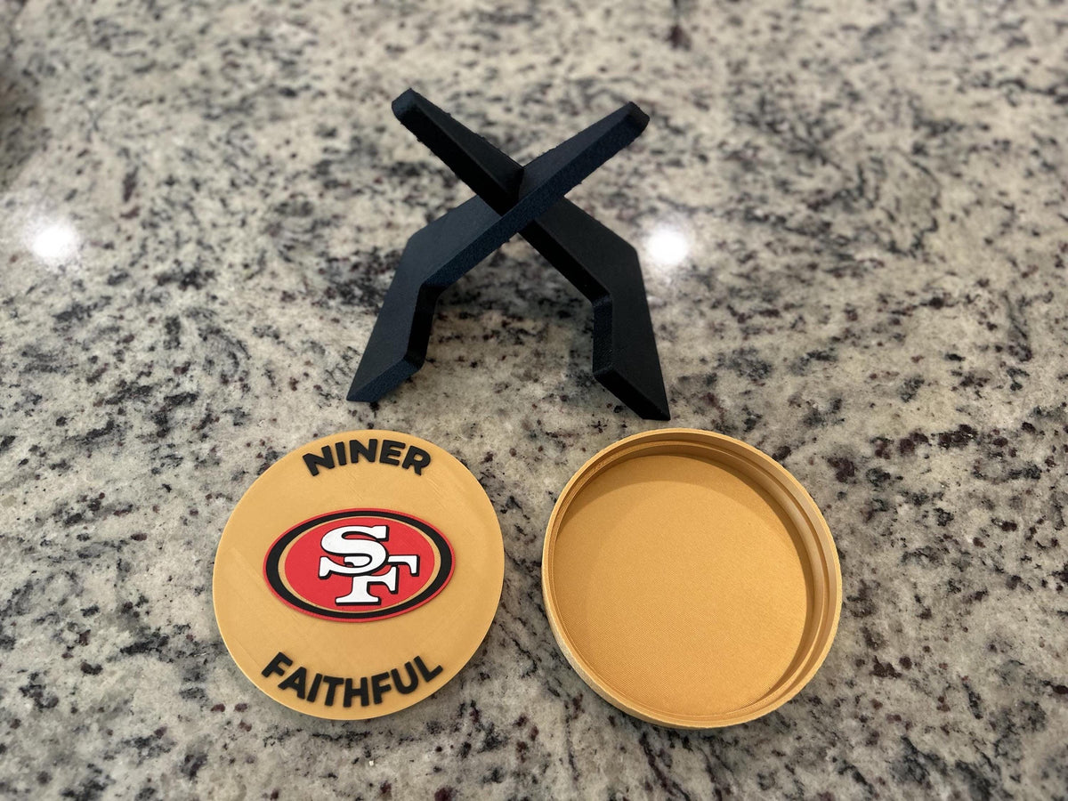 San Francisco 49ers 3D printed display medallion with stand and stash boxNiners Faithful fan gift, made in USA