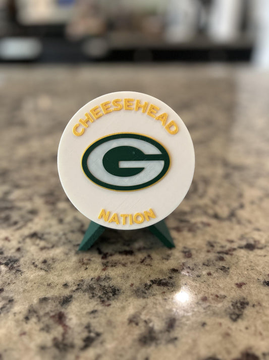 Green Bay Packers 3D printed display medallion with stand and stash box, choose base and stand color, personalize the front, made in USA