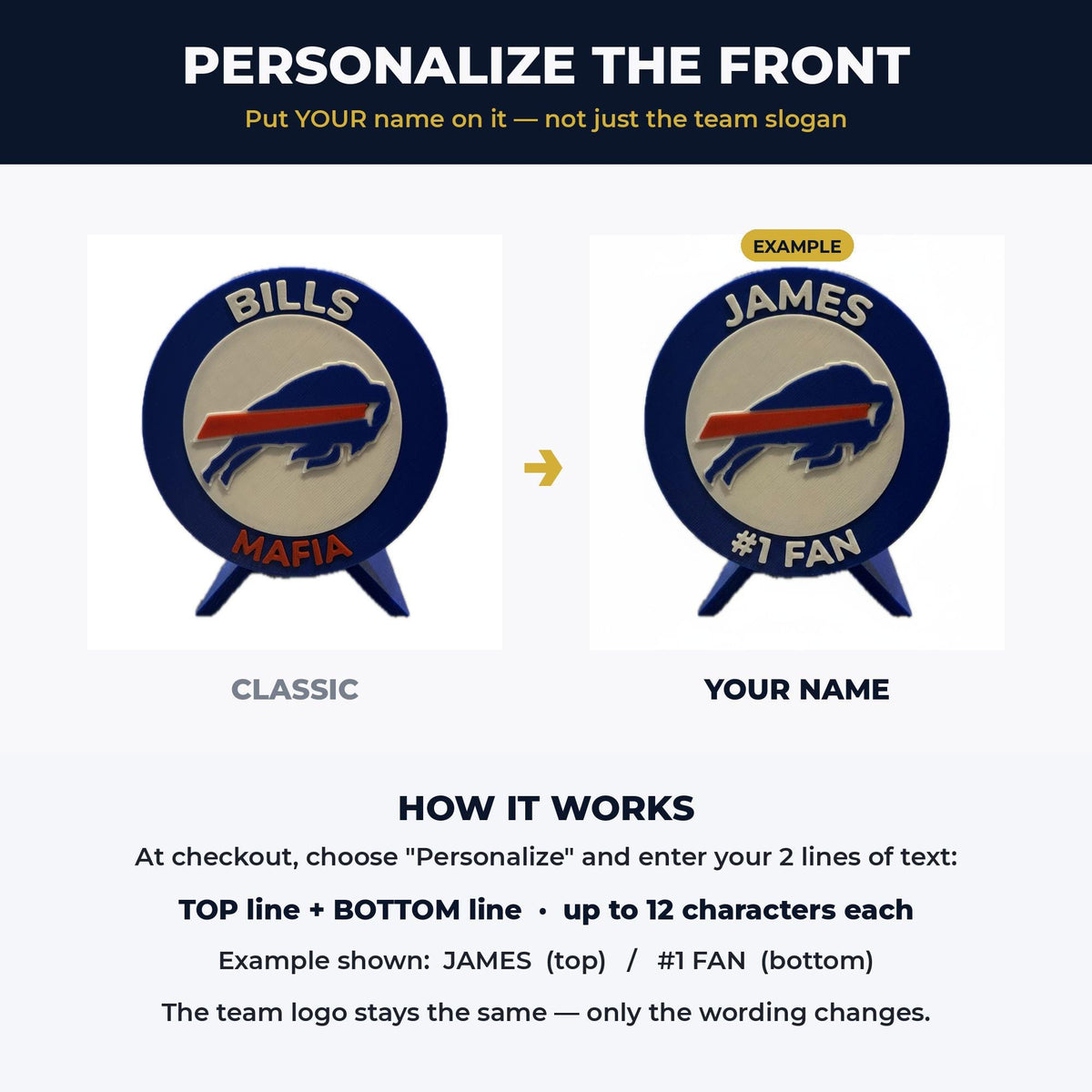 How to personalize the Bills display front text, two lines up to 12 characters each