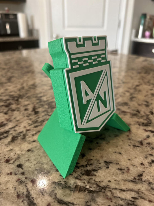 Atletico Nacional 3D printed escudo shield display with stand and hidden stash box, regalo hincha verdolaga, Colombian soccer fan gift made in USA