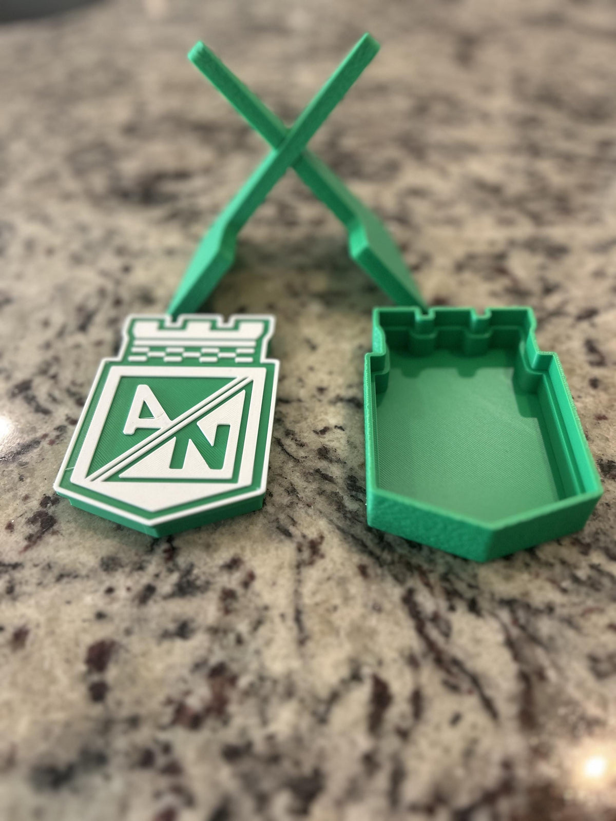 Atletico Nacional 3D printed escudo shield display with stand and hidden stash box, regalo hincha verdolaga, Colombian soccer fan gift made in USA