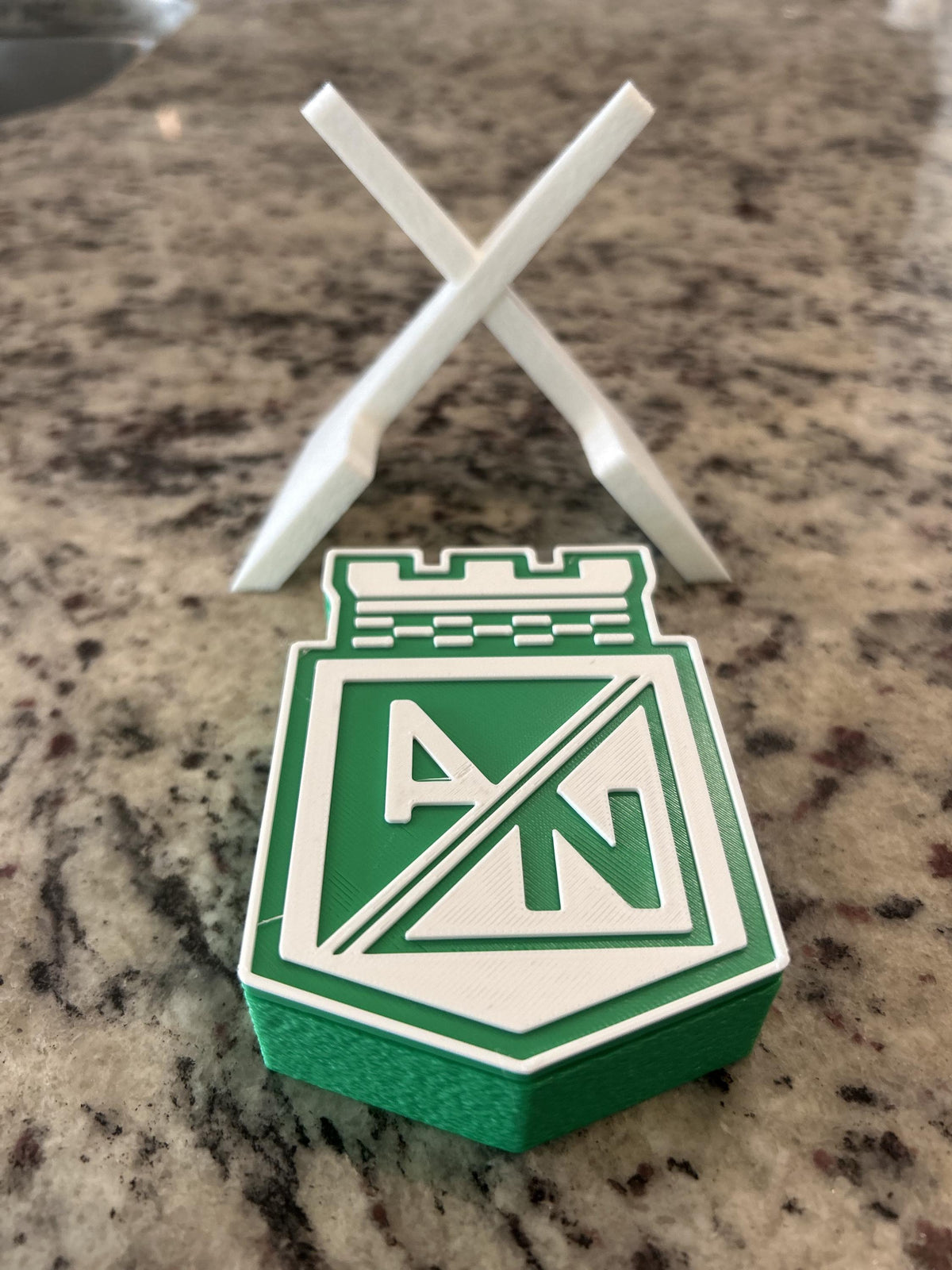 Atletico Nacional 3D printed escudo shield display with stand and hidden stash box, regalo hincha verdolaga, Colombian soccer fan gift made in USA