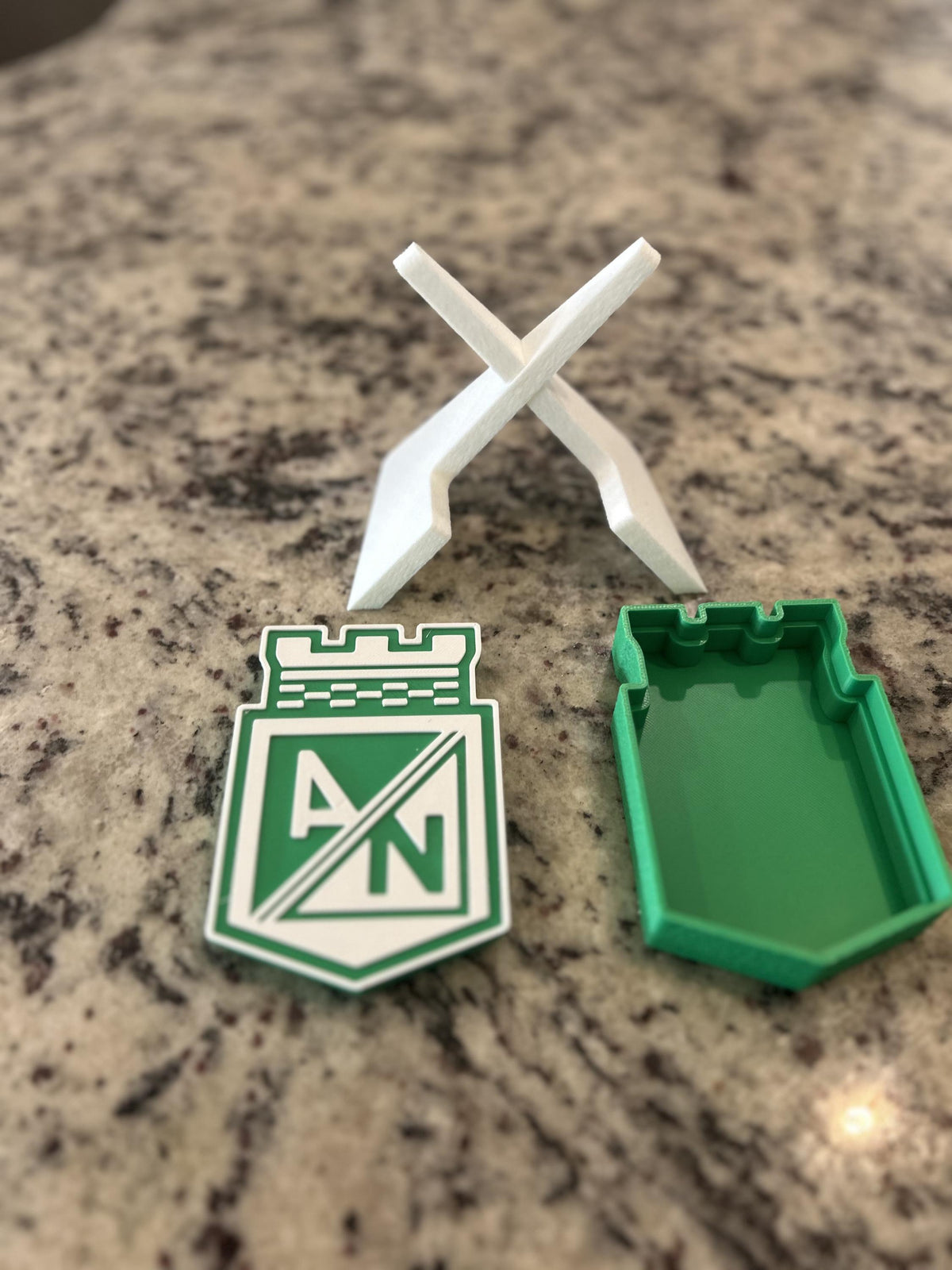 Atletico Nacional 3D printed escudo shield display with stand and hidden stash box, regalo hincha verdolaga, Colombian soccer fan gift made in USA