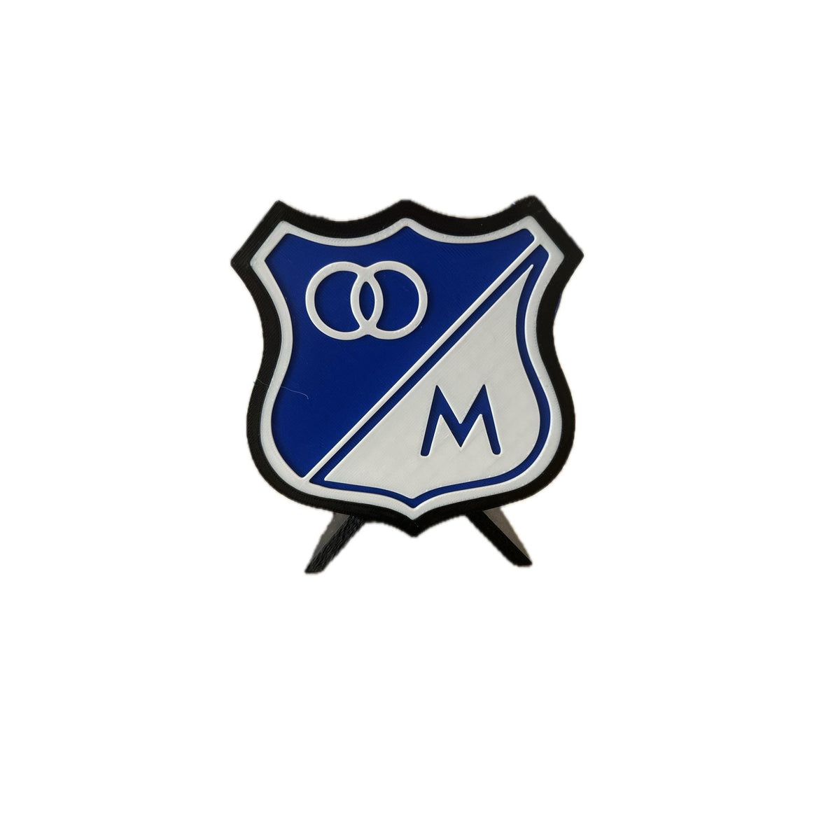 Millonarios FC 3D printed escudo shield display with stand and hidden stash box, regalo hincha embajador azul, Colombian soccer fan gift made in USA