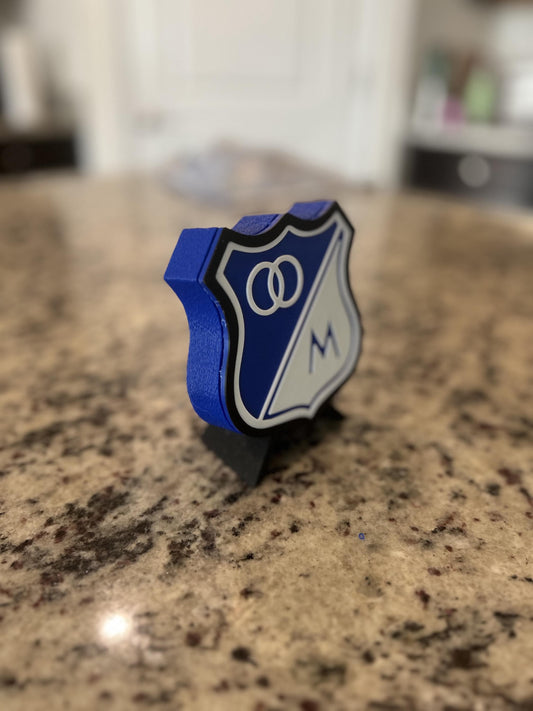 Millonarios FC 3D printed escudo shield display with stand and hidden stash box, regalo hincha embajador azul, Colombian soccer fan gift made in USA
