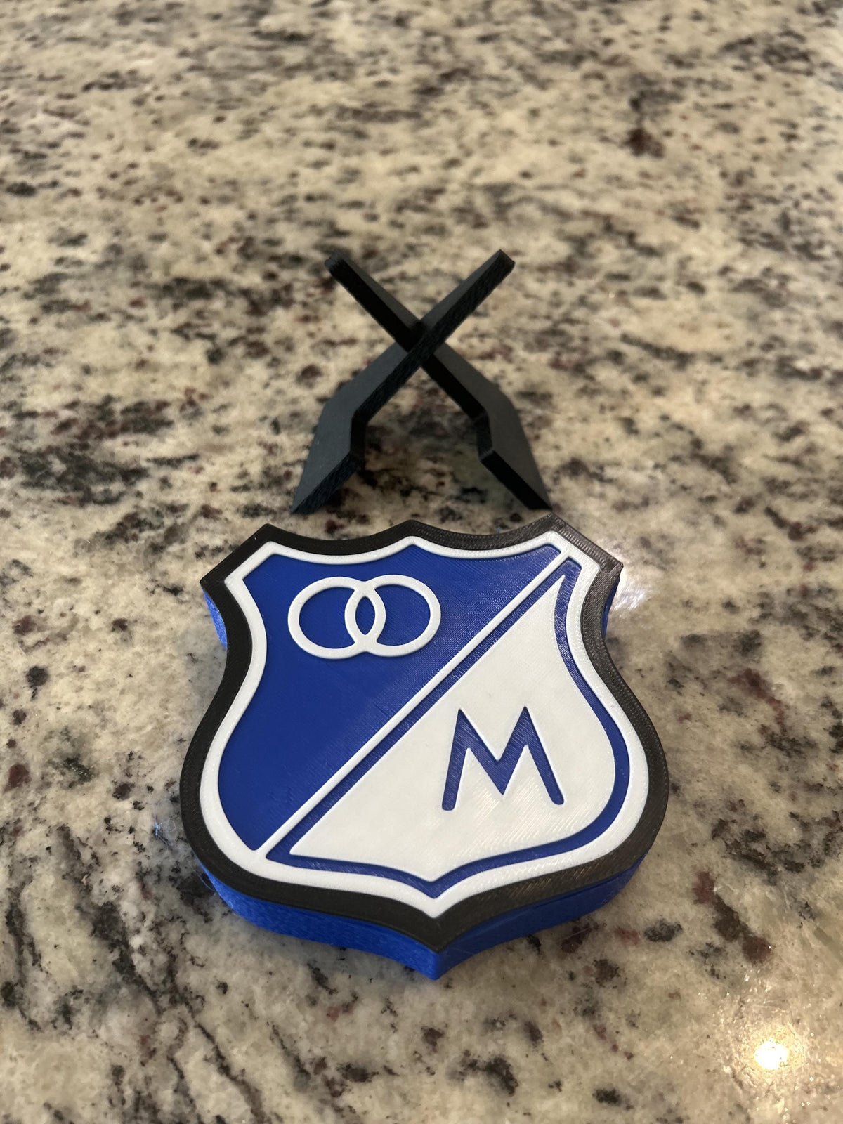 Millonarios FC 3D printed escudo shield display with stand and hidden stash box, regalo hincha embajador azul, Colombian soccer fan gift made in USA