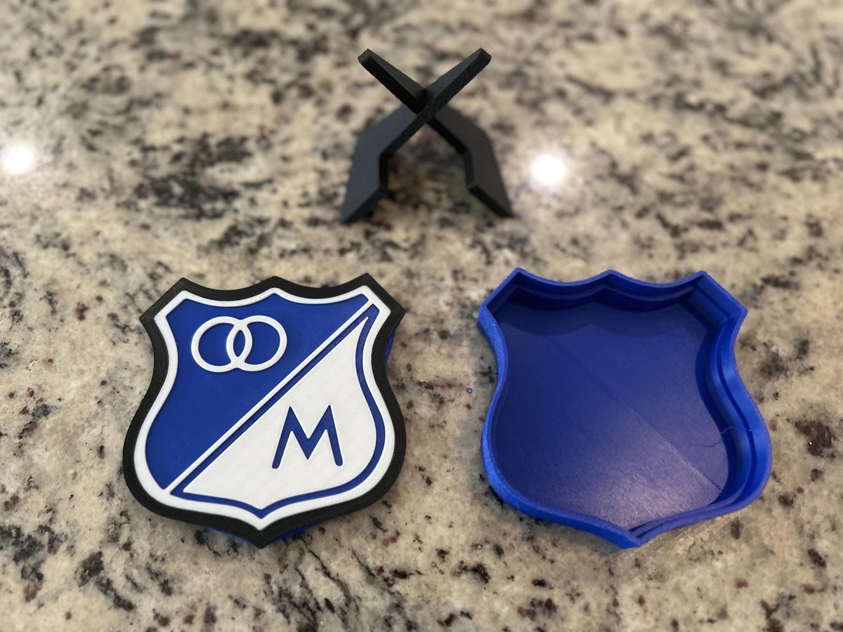 Millonarios FC 3D printed escudo shield display with stand and hidden stash box, regalo hincha embajador azul, Colombian soccer fan gift made in USA