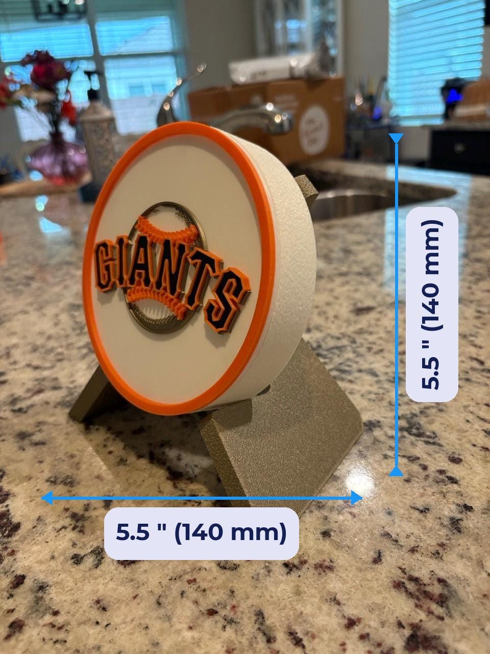 San Francisco Giants 3D Pr 3D printed display size chart, 5.5 inch 140 mm diameter round medallion with stand