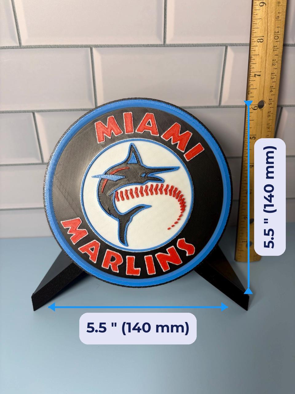 Florida Marlins 3D Stash B 3D printed display size chart, 5.5 inch 140 mm diameter round medallion with stand