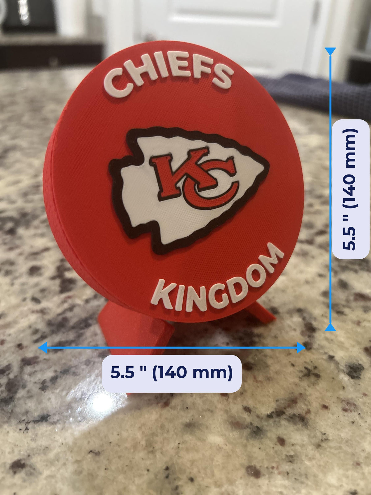 Kansas City Chiefs 3D Prin 3D printed display size chart, 5.5 inch 140 mm diameter round medallion with stand