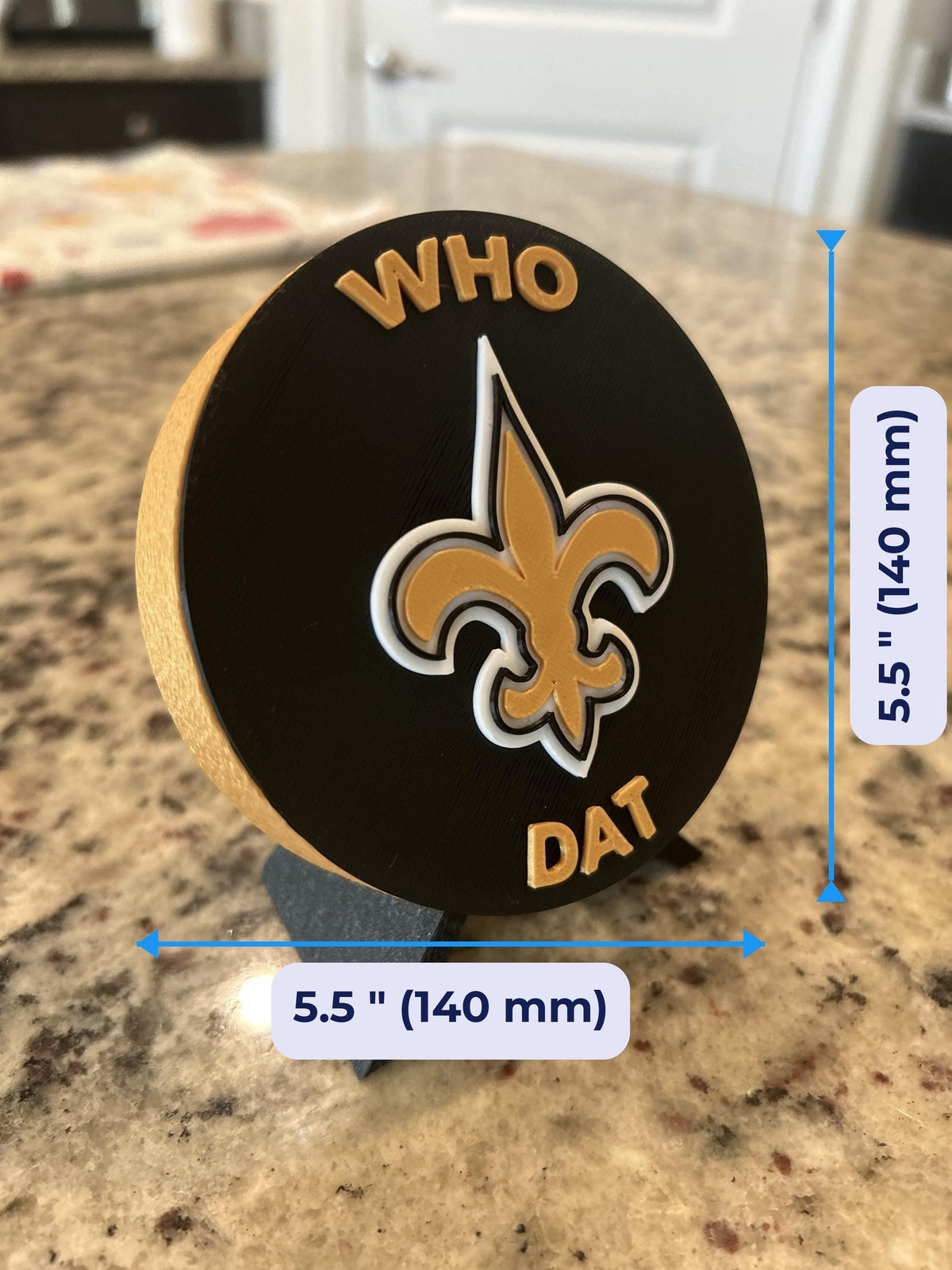 New Orleans Saints 3D Prin 3D printed display size chart, 5.5 inch 140 mm diameter round medallion with stand