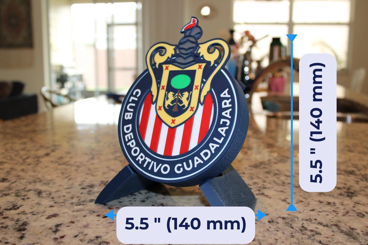 Chivas Guadalajara 3D Deco 3D printed display size chart, 5.5 inch 140 mm diameter round medallion with stand