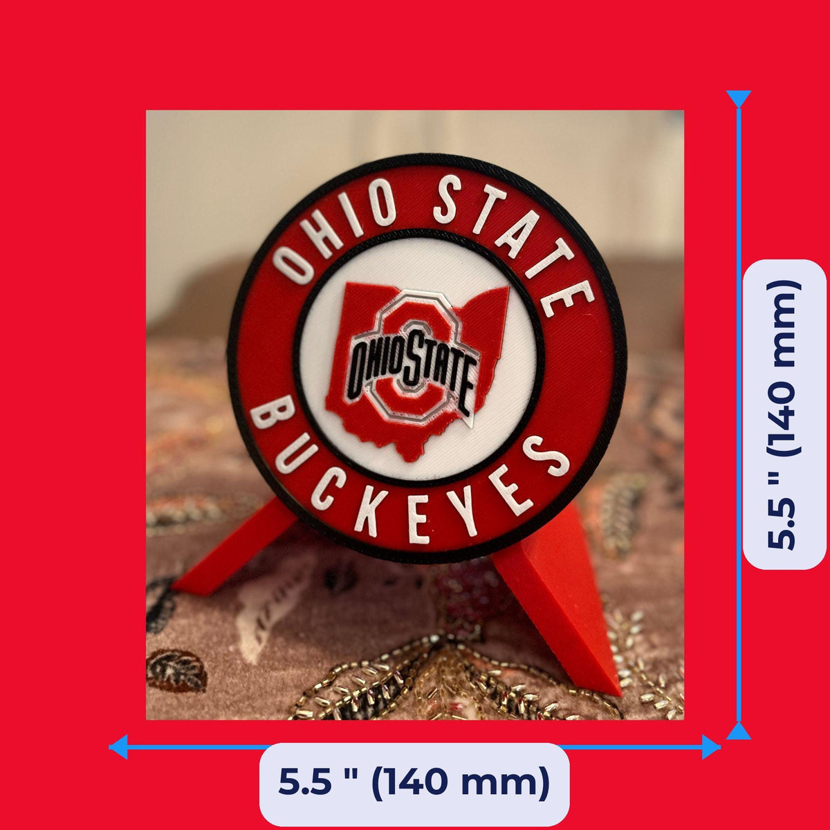Ohio State Buckeyes 3D Pri 3D printed display size chart, 5.5 inch 140 mm diameter round medallion with stand