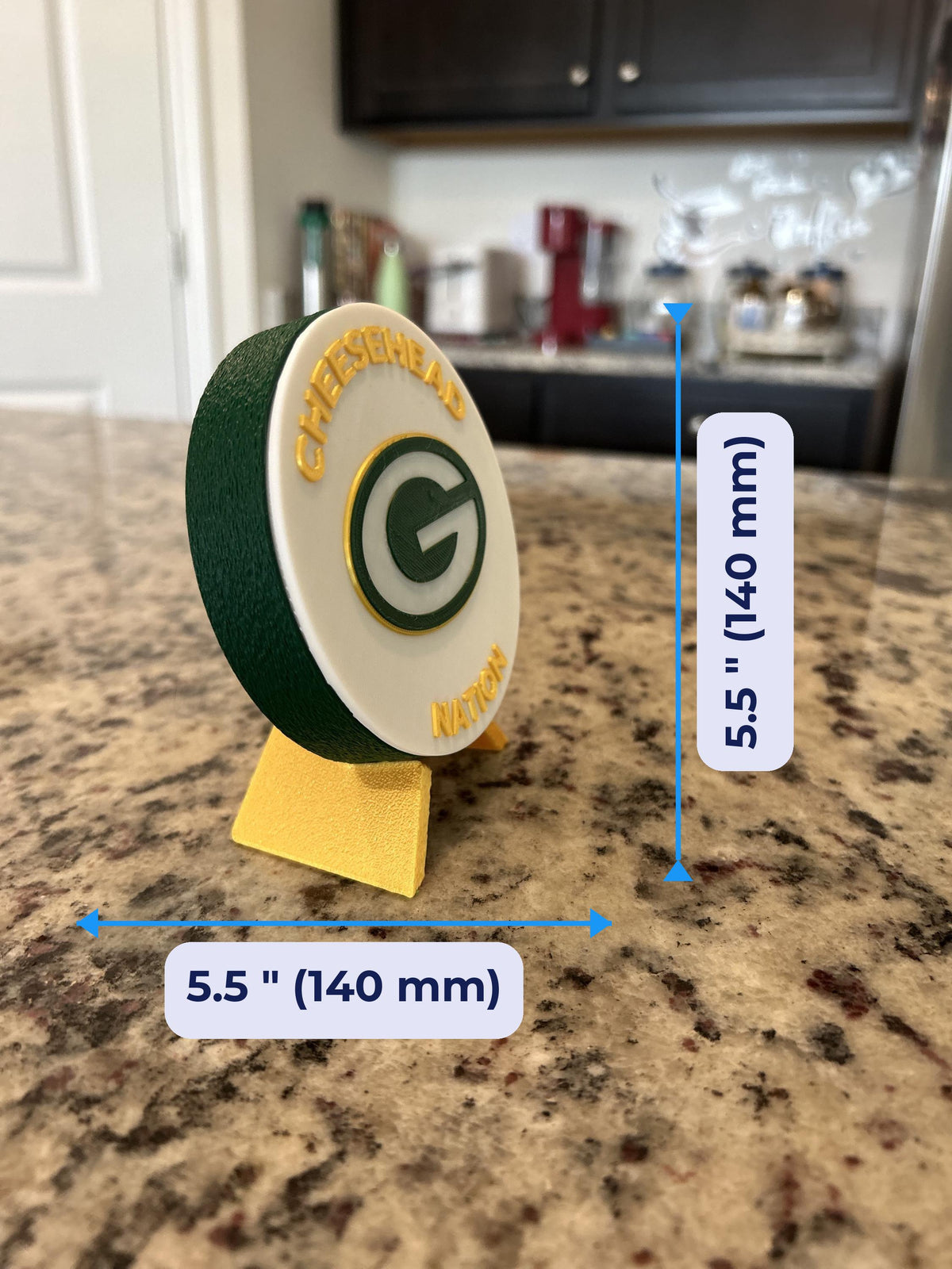Green Bay Packers 3D Print 3D printed display size chart, 5.5 inch 140 mm diameter round medallion with stand