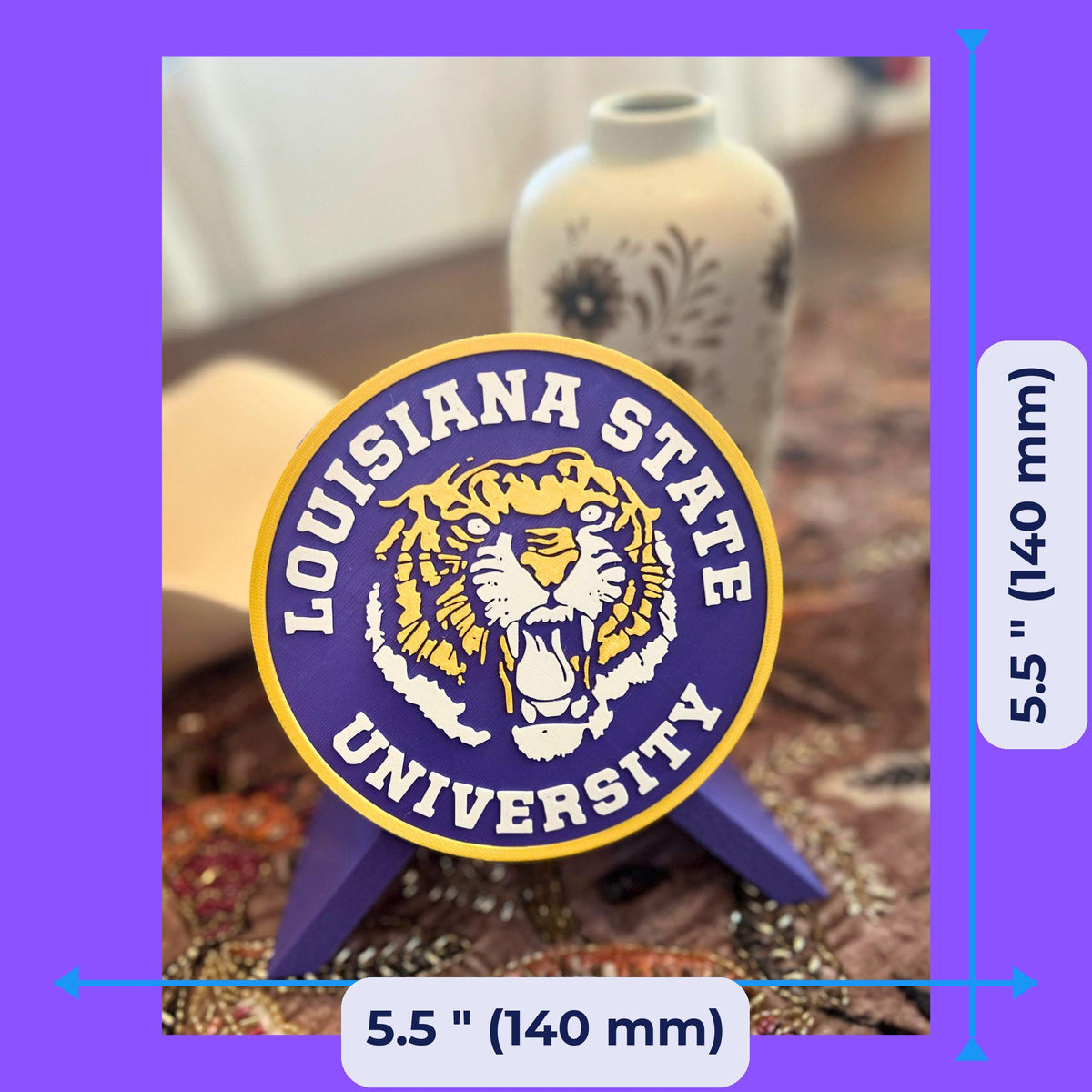 LSU Tigers 3D printed display size chart, 5.5 inch 140 mm diameter round medallion with stand