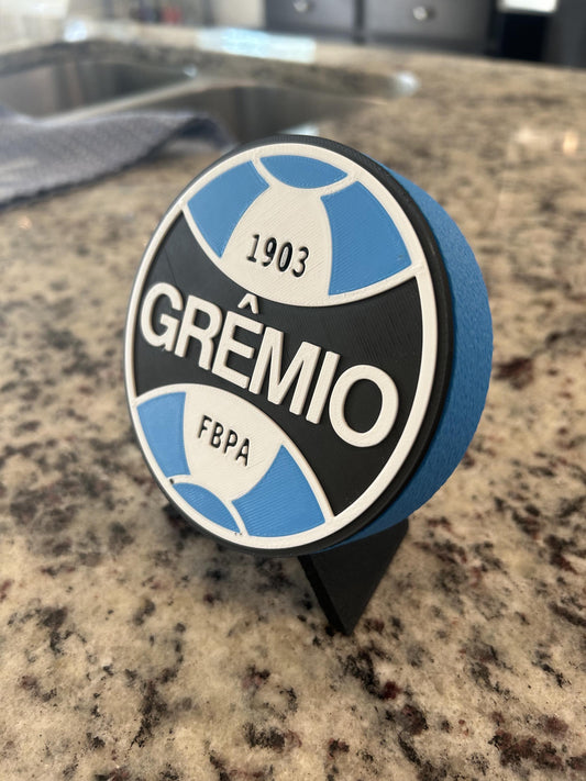 Gremio 3D printed round display medallion with stand and hidden stash box, presente torcedor Tricolor Gaucho, Brazilian soccer fan gift made in USA