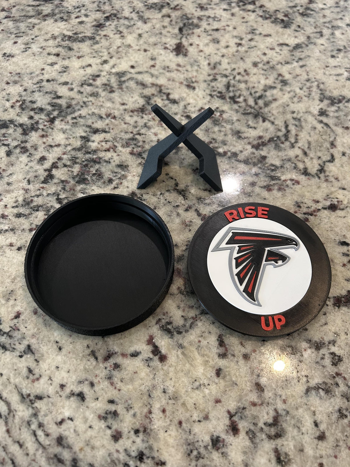 Atlanta Falcons 3D printed round display medallion with stand and hidden stash boxRise Up NFL fan gift, made in USA