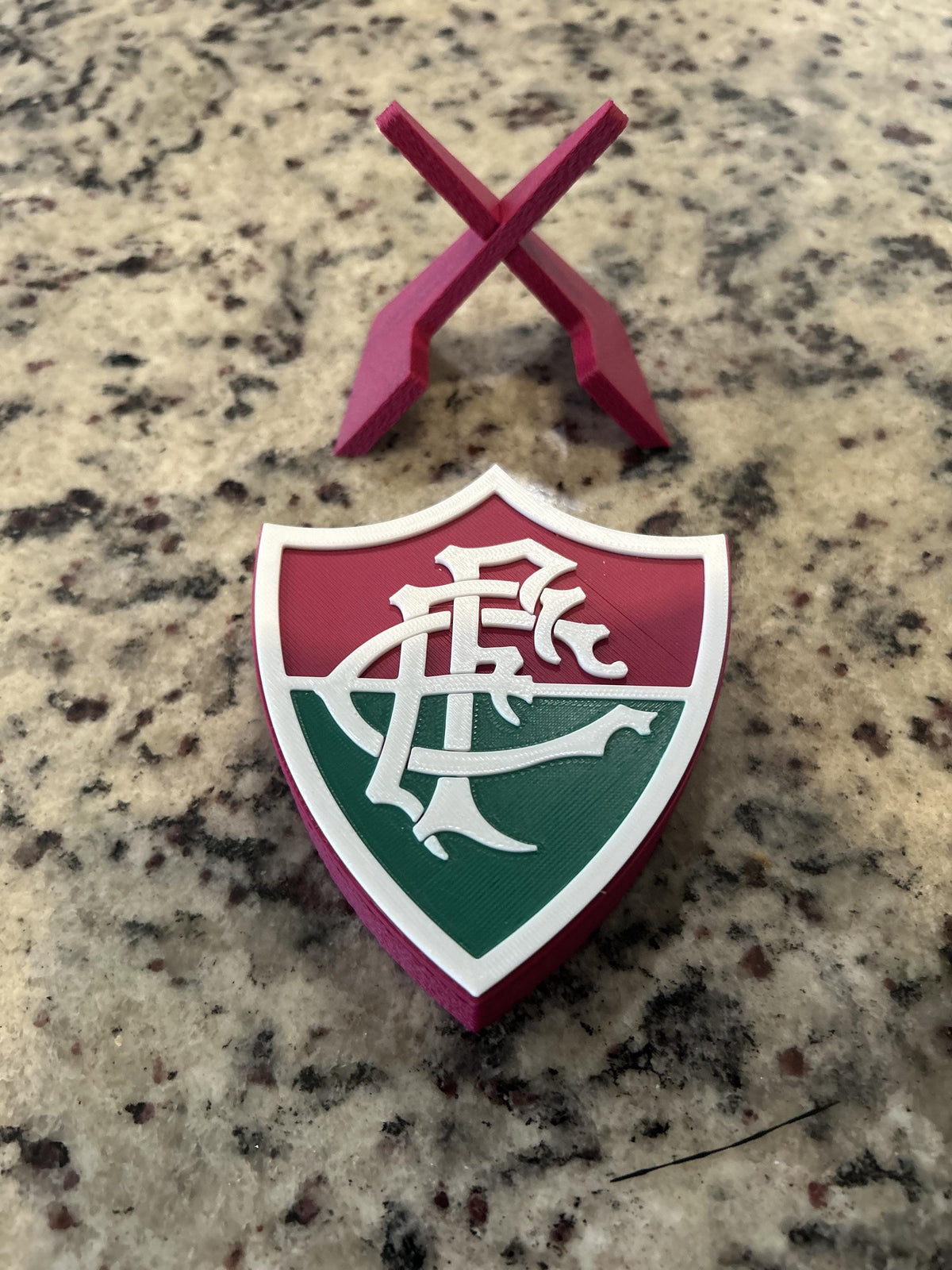 Fluminense FC 3D printed escudo shield display with stand and hidden stash box, presente torcedor Tricolor das Laranjeiras, Brazilian soccer fan gift made in USA