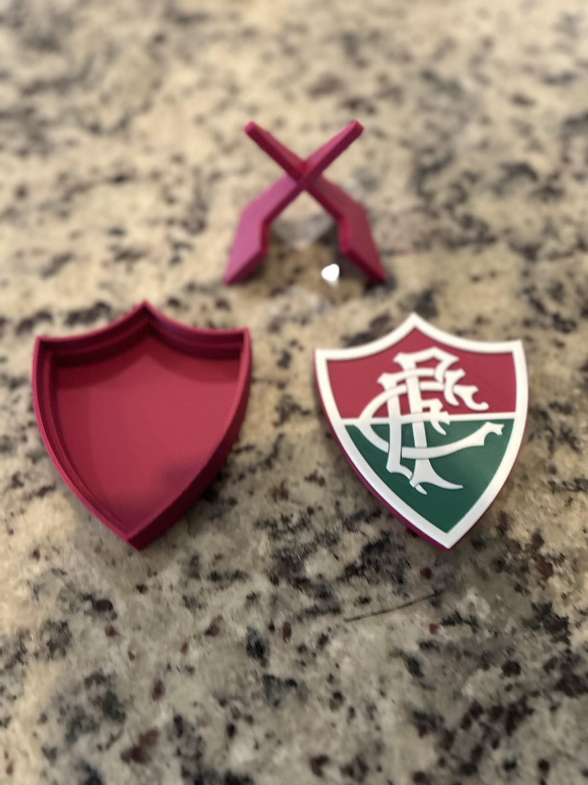 Fluminense FC 3D printed escudo shield display with stand and hidden stash box, presente torcedor Tricolor das Laranjeiras, Brazilian soccer fan gift made in USA